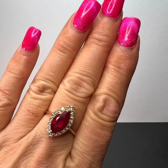 Marquis Ruby and white zircon halo ring in rose gold over sterling silver size 9 - Picture 2 of 11